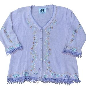 Storybook Knits lilac floral embroidered sequins cardigan sweater with crochet